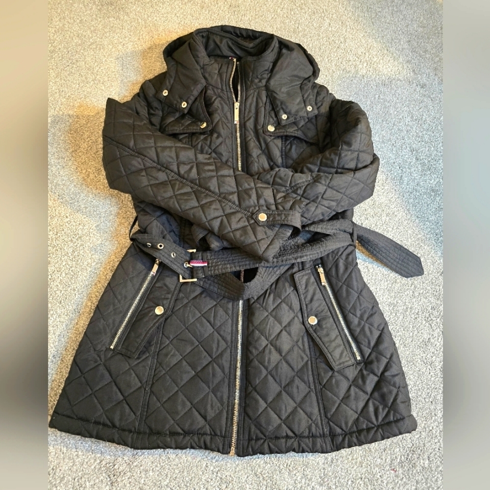 Tommy Hilfiger Quilted Lined Long Belted Coat w/Hood Streetwear Preppy